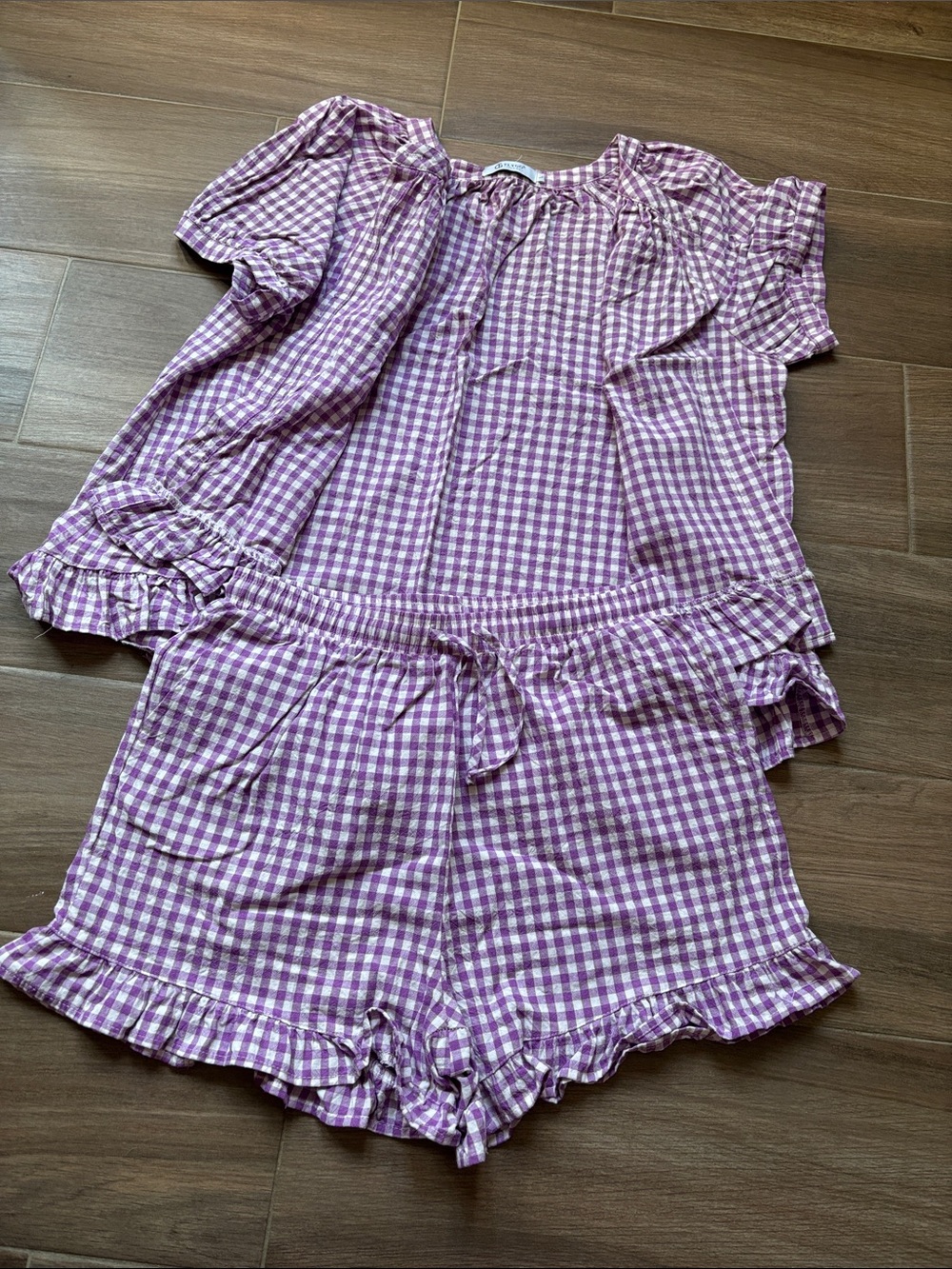 Lavender Purple Gingham Ruffle Pajama Set for Women - Picture 3 of 14